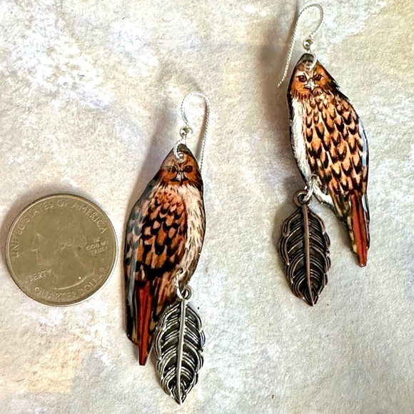 Hand, painted red tail, hawk earrings, sterling wires, metal feather charm OOAK - Picture 3 of 5